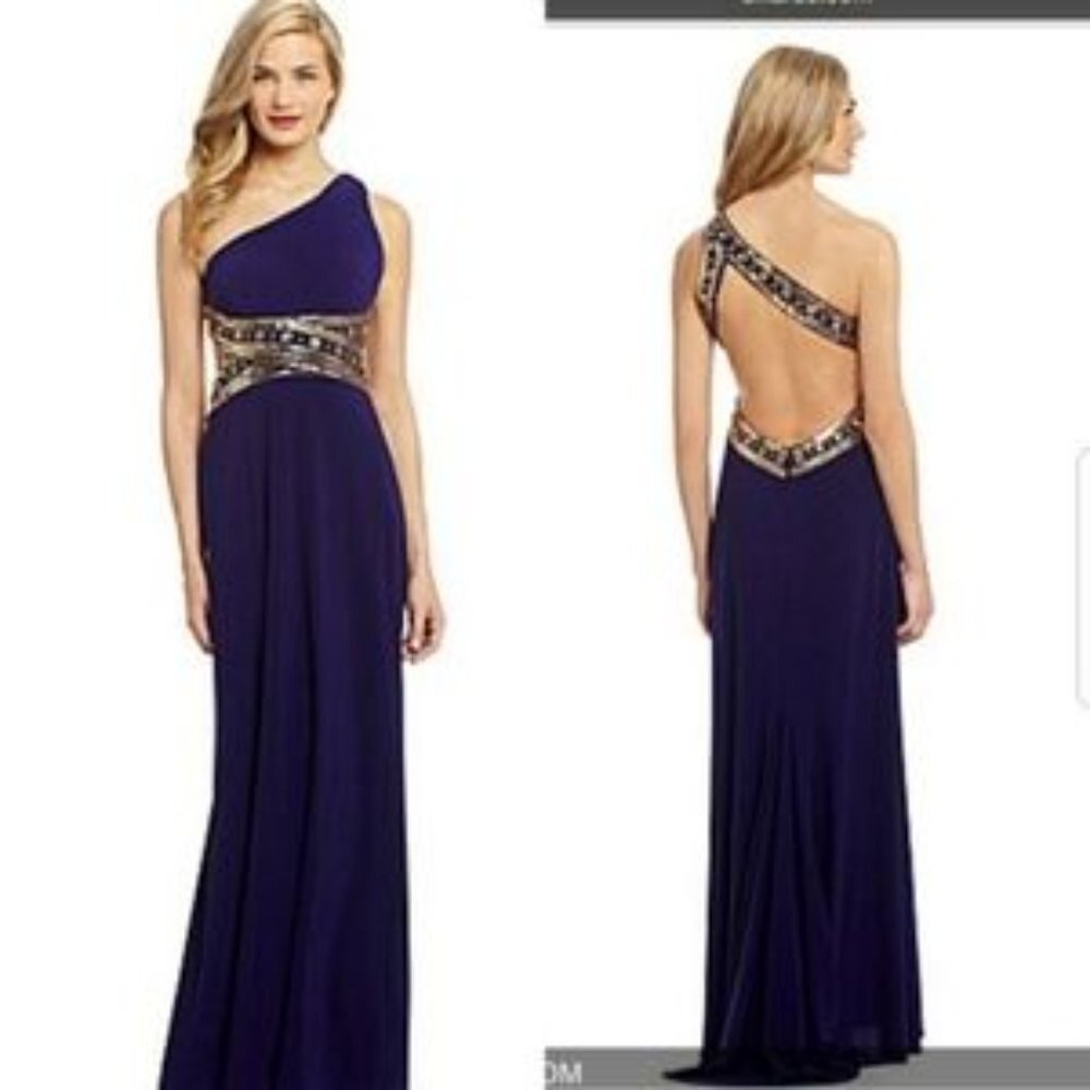 Betsy and Adam Formal One Shoulder Open Back Sequin Maxi Dress 2